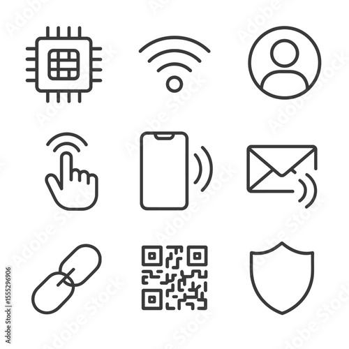 NFC Tap Icons. Outline style icons of NFC Tap Card: chip signal icon, wireless waves, profile photo circle, tap instruction hand,