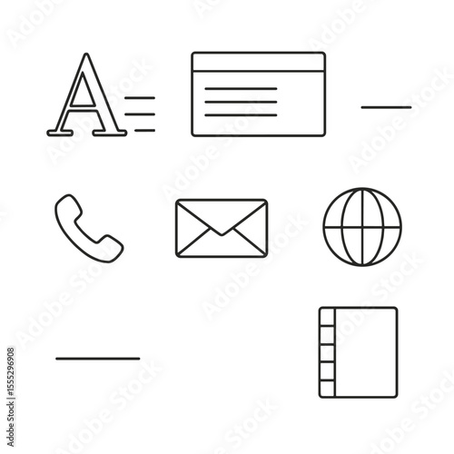 Typography Focus Icons. Outline style icons of Typography Focus Card: oversized initials, bold name text block, slim title bar,