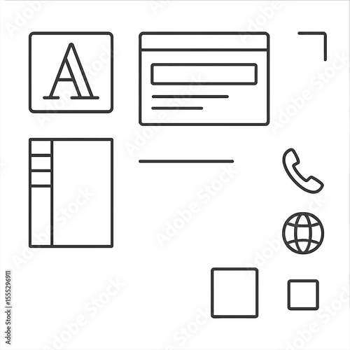 Typography Focus Icons. Outline style icons of Typography Focus Card: oversized initials, bold name text block, slim title bar,