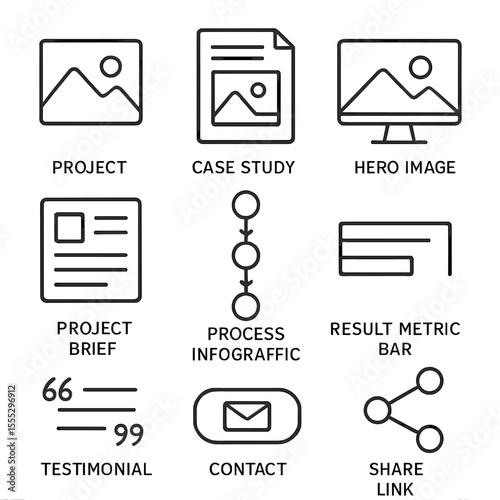 Portfolio Icons Outline. Outline style icons of Portfolio Building Steps: project thumbnail, case study page, hero image, project