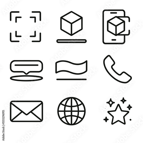 Augmented Reality Icons. Outline style icons of Augmented Reality Card: AR marker frame, floating 3D cube icon, scan phone graphic