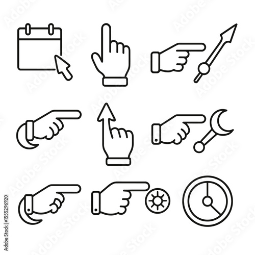 Calendar Pointer Icons. Outline style icons of Calendar Pointer Hands: date pointer, day pointer, month pointer, moonphase