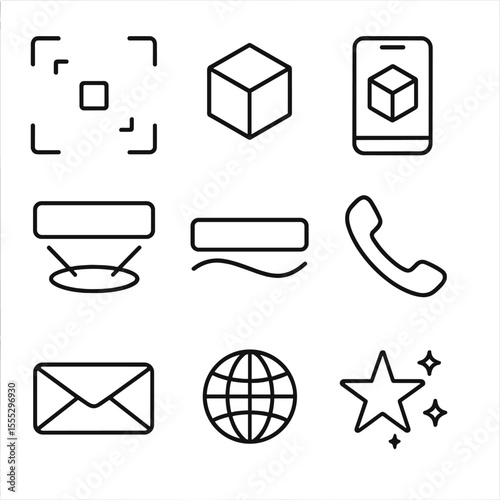Augmented Reality Icons. Outline style icons of Augmented Reality Card: AR marker frame, floating 3D cube icon, scan phone graphic