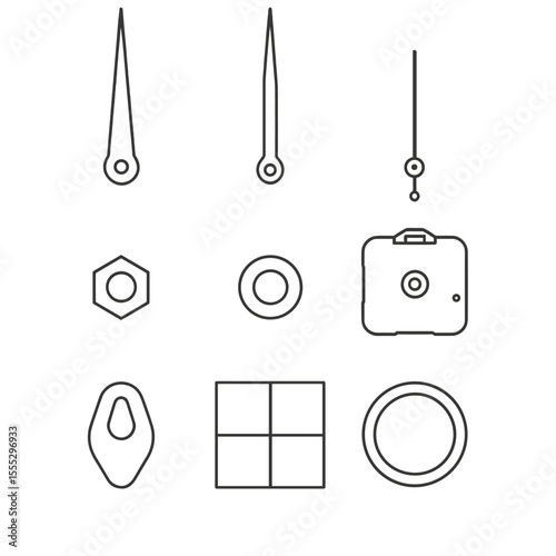Clock Kit Icons. Outline style icons of DIY Clock Kit Hands: raw brass hour, raw brass minute, raw brass second, mounting nut icon