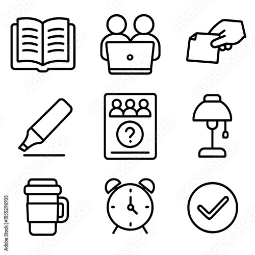 Study Session Icons. Outline style icons of Study Buddy Session: open textbook, shared laptop, note-passing hand, highlighter pen,