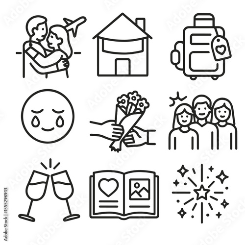 Welcome Back Icons. Outline style icons of Welcome Back Reunion: airport hug, home banner, luggage heart tag, happy tears face,