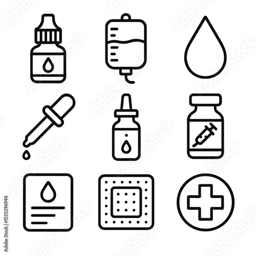 Medical Dropper Icons. Outline style icons of Medical Droplet Use: eyedrop bottle, IV drip chamber, blood droplet, medicine