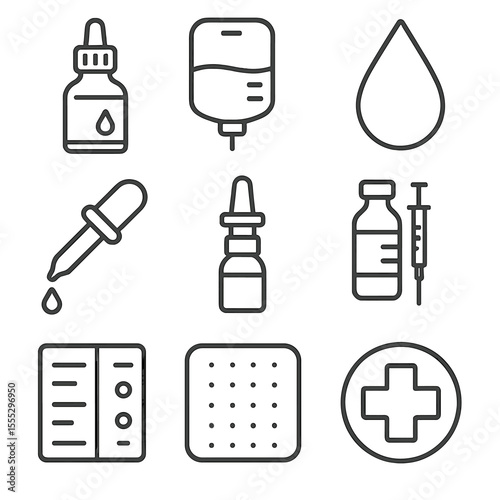 Medical Dropper Icons. Outline style icons of Medical Droplet Use: eyedrop bottle, IV drip chamber, blood droplet, medicine