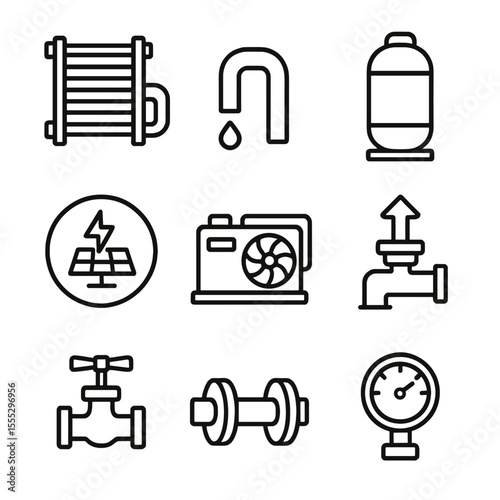 Green Hydrogen Icons. Outline style icons of Green Hydrogen Electrolyzer: electrolyzer stack, water inlet pipe, hydrogen tank,