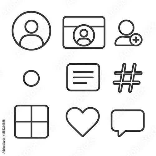 Social Media Icons. Outline style icons of Social Media Avatar Profile: circular avatar crop, profile banner, friend add icon,