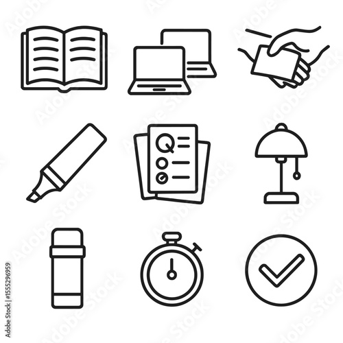 Study Session Icons. Outline style icons of Study Buddy Session: open textbook, shared laptop, note-passing hand, highlighter pen,