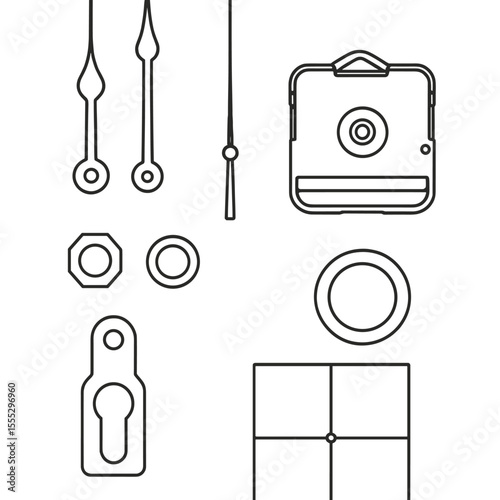 Clock Kit Icons. Outline style icons of DIY Clock Kit Hands: raw brass hour, raw brass minute, raw brass second, mounting nut icon