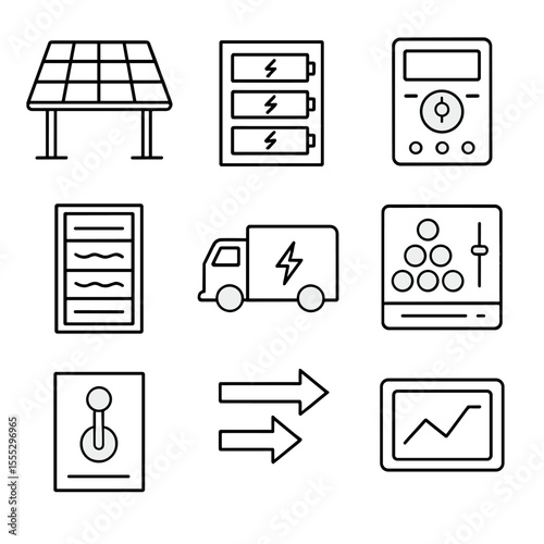 Solar Microgrid Icons. Outline style icons of Solar-Battery Microgrid Island: PV canopy, lithium battery bank, microgrid