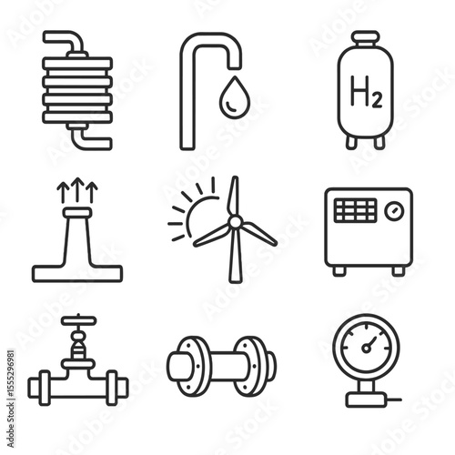 Green Hydrogen Icons. Outline style icons of Green Hydrogen Electrolyzer: electrolyzer stack, water inlet pipe, hydrogen tank,