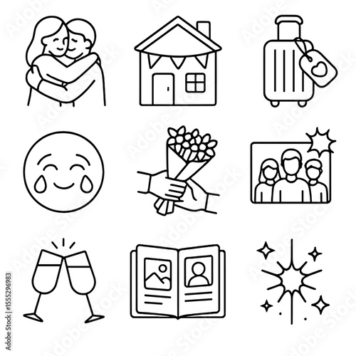 Welcome Back Icons. Outline style icons of Welcome Back Reunion: airport hug, home banner, luggage heart tag, happy tears face,