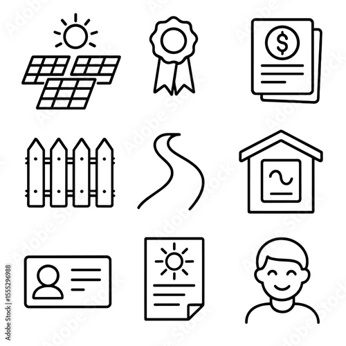 Community Solar Icons. Outline style icons of Community Solar Garden: shared panel field, subscription badge, credit bill icon,