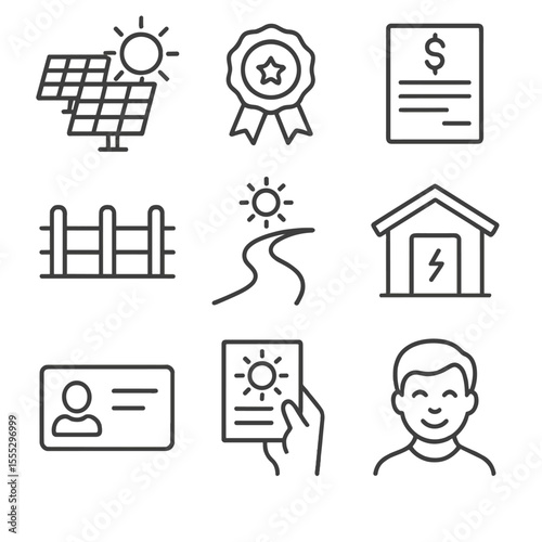 Community Solar Icons. Outline style icons of Community Solar Garden: shared panel field, subscription badge, credit bill icon,