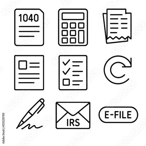 Tax Prep Essentials Icons. Line style icons of Tax Preparation Kit: tax form 1040, calculator keypad, receipt stack, W-2 slip,