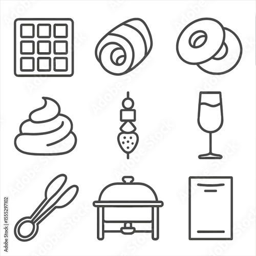 Brunch Icon Line Art. Line style icons of Brunch Buffet Spread: waffle square, smoked salmon slice, bagel halves, cream cheese