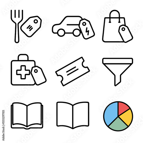 Expense Icons Collection. Line style icons of Expense Categorization: dining fork tag, transport car tag, utilities bolt tag,