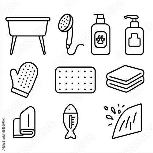 Pet Bath Essentials. Line style icons of Pet Bath Time Setup: raised tub, handheld sprayer, gentle shampoo bottle, conditioner