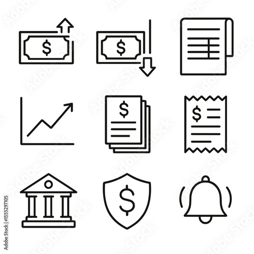 Small Business Finance Icons. Line style icons of Small Business Cash Flow: cash inflow arrow, cash outflow arrow, balance ledger,