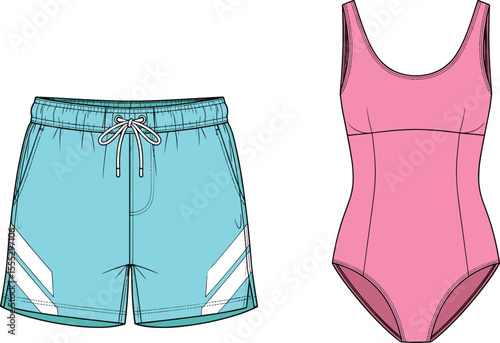 Color flat vector cad sketch of women's swimwear and athletic shorts, fashion design template, front technical view for apparel