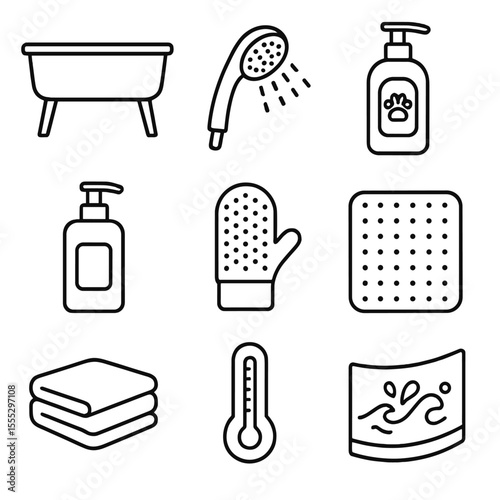 Pet Bath Essentials. Line style icons of Pet Bath Time Setup: raised tub, handheld sprayer, gentle shampoo bottle, conditioner