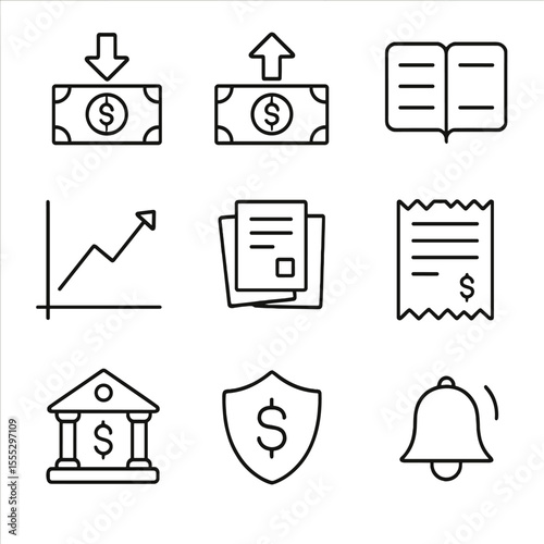 Small Business Finance Icons. Line style icons of Small Business Cash Flow: cash inflow arrow, cash outflow arrow, balance ledger,