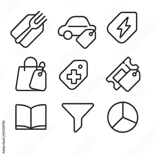 Expense Icons Collection. Line style icons of Expense Categorization: dining fork tag, transport car tag, utilities bolt tag,