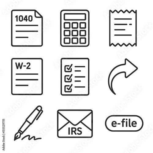 Tax Prep Essentials Icons. Line style icons of Tax Preparation Kit: tax form 1040, calculator keypad, receipt stack, W-2 slip,