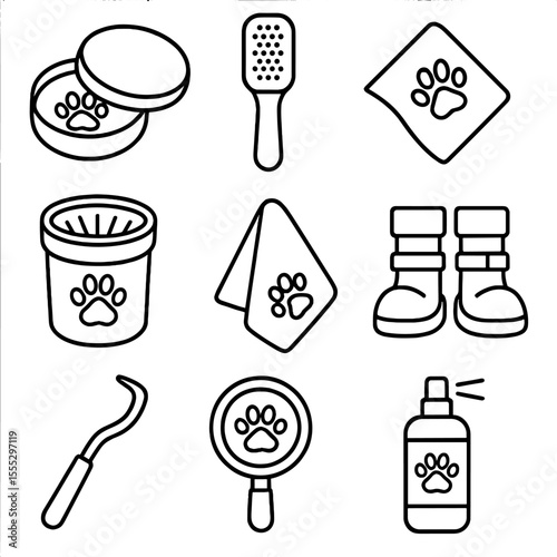Paw Care Icons. Line style icons of Paw and Pad Care: paw balm tin, pad file, moisturizing wipe, paw washer cup, drying cloth,
