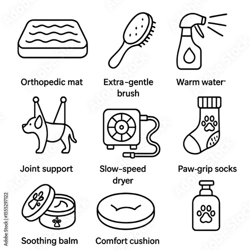 Senior Pet Grooming Essentials. Line style icons of Senior Pet Grooming: orthopedic mat, extra-gentle brush, warm water sprayer,