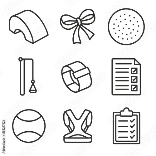 Pilates Tools Icons. Line style icons of Post-Rehab Pilates Tools: foam arc barrel, theraband loop, stability cushion, shoulder