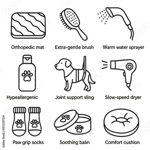 Senior Pet Grooming Essentials. Line style icons of Senior Pet Grooming: orthopedic mat, extra-gentle brush, warm water sprayer,