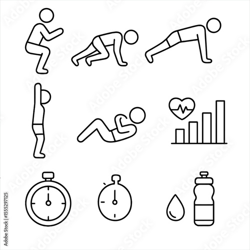 HIIT-Pilates Icon Set. Line style icons of HIIT-Pilates Hybrid: jump squat icon, mountain climber symbol, plank jack pose, burpee