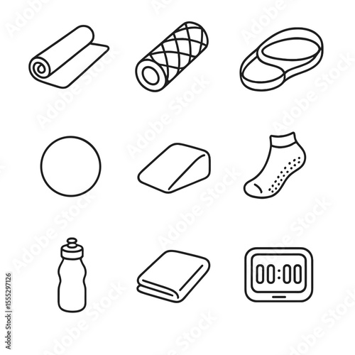Pilates Mat Essentials. Line style icons of Pilates Mat Session: yoga mat, foam roller, stretch strap, small Pilates ball,