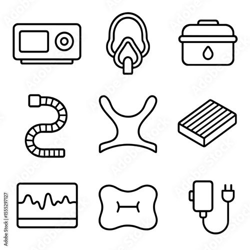 CPAP Setup Icons. Line style icons of CPAP Sleep Apnea Setup: CPAP machine, nasal mask, humidifier chamber, pressure hose,