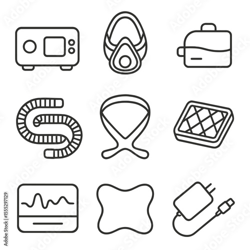 CPAP Setup Icons. Line style icons of CPAP Sleep Apnea Setup: CPAP machine, nasal mask, humidifier chamber, pressure hose,