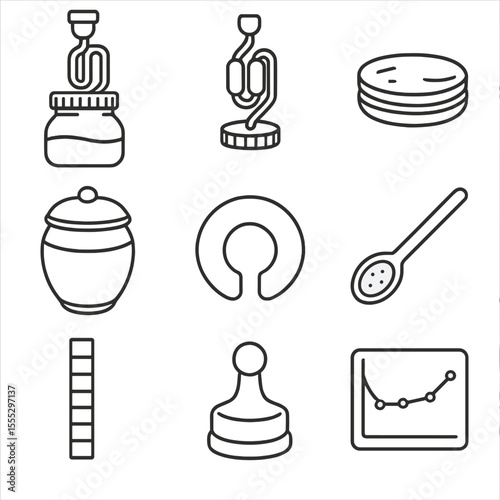 Home Fermentation Icons. Line style icons of Home Fermentation Kits: glass ferment jar, airlock lid, kombucha SCOBY, kimchi crock,