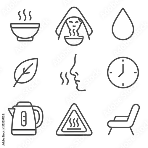 Steam Therapy Icons. Line style icons of Steam Inhalation Therapy: steam bowl, towel tent, essential oil drop, herbal leaf, nasal