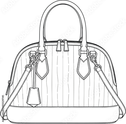 Designer handbag CAD flat sketch with top handle and crossbody strap, detailed fashion bag technical vector drawing for accessories design