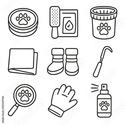 Paw Care Icons. Line style icons of Paw and Pad Care: paw balm tin, pad file, moisturizing wipe, paw washer cup, drying cloth,