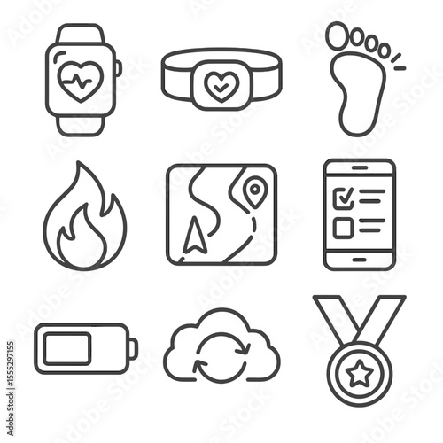 Fitness Gadget Icons. Line style icons of Fitness Tracking Gadgets: smartwatch, heart rate strap, step counter foot, calorie burn