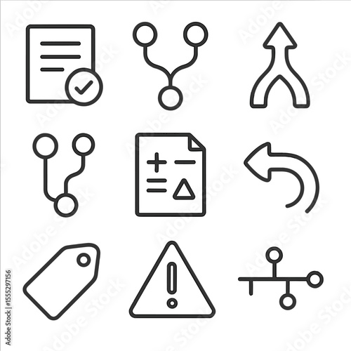 Version Control Icons. Line style icons of Version Control Operations: commit box, branch node, merge arrows, pull request icon,
