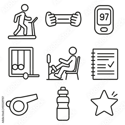 Pulmonary Rehab Tools Icons. Line style icons of Pulmonary Rehabilitation Tools: treadmill walk, resistance band, pulse oximeter,