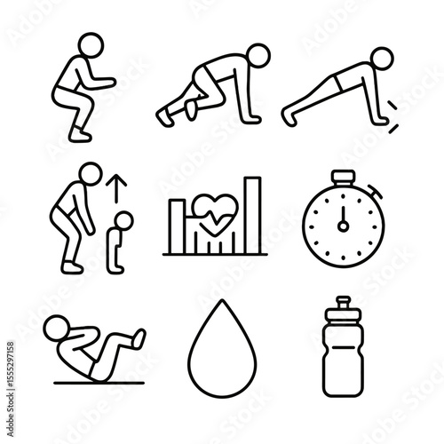 HIIT-Pilates Icon Set. Line style icons of HIIT-Pilates Hybrid: jump squat icon, mountain climber symbol, plank jack pose, burpee