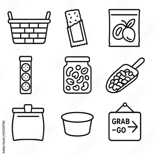 Snack Station Icons. Line style icons of Snack Station Basket: woven basket, granola bar, dried fruit pouch, cracker tube, trail