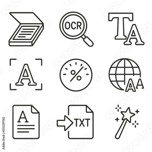 OCR Process Icons. Line style icons of Optical Character Recognition: scan document, OCR lens, text layer icon, bounding box,