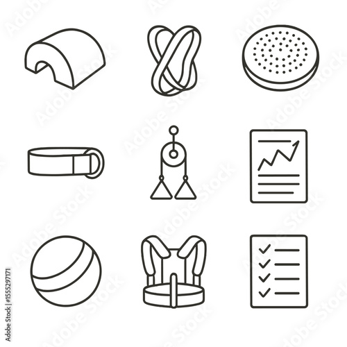 Pilates Tools Icons. Line style icons of Post-Rehab Pilates Tools: foam arc barrel, theraband loop, stability cushion, shoulder